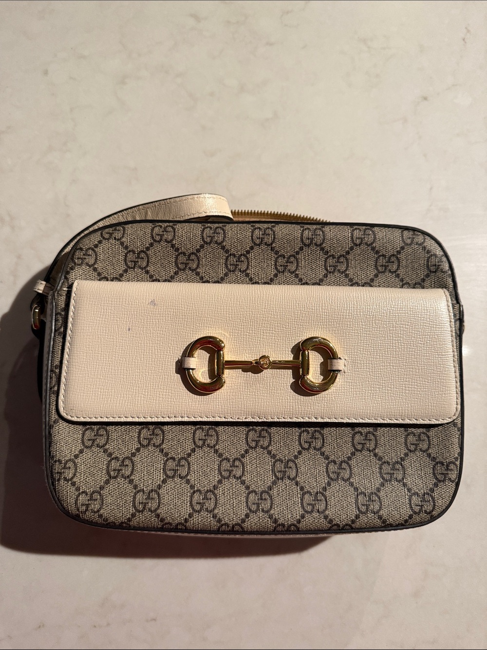 Designer Inspired Beige and Brown GG Canvas Crossbody with Gold Horse it